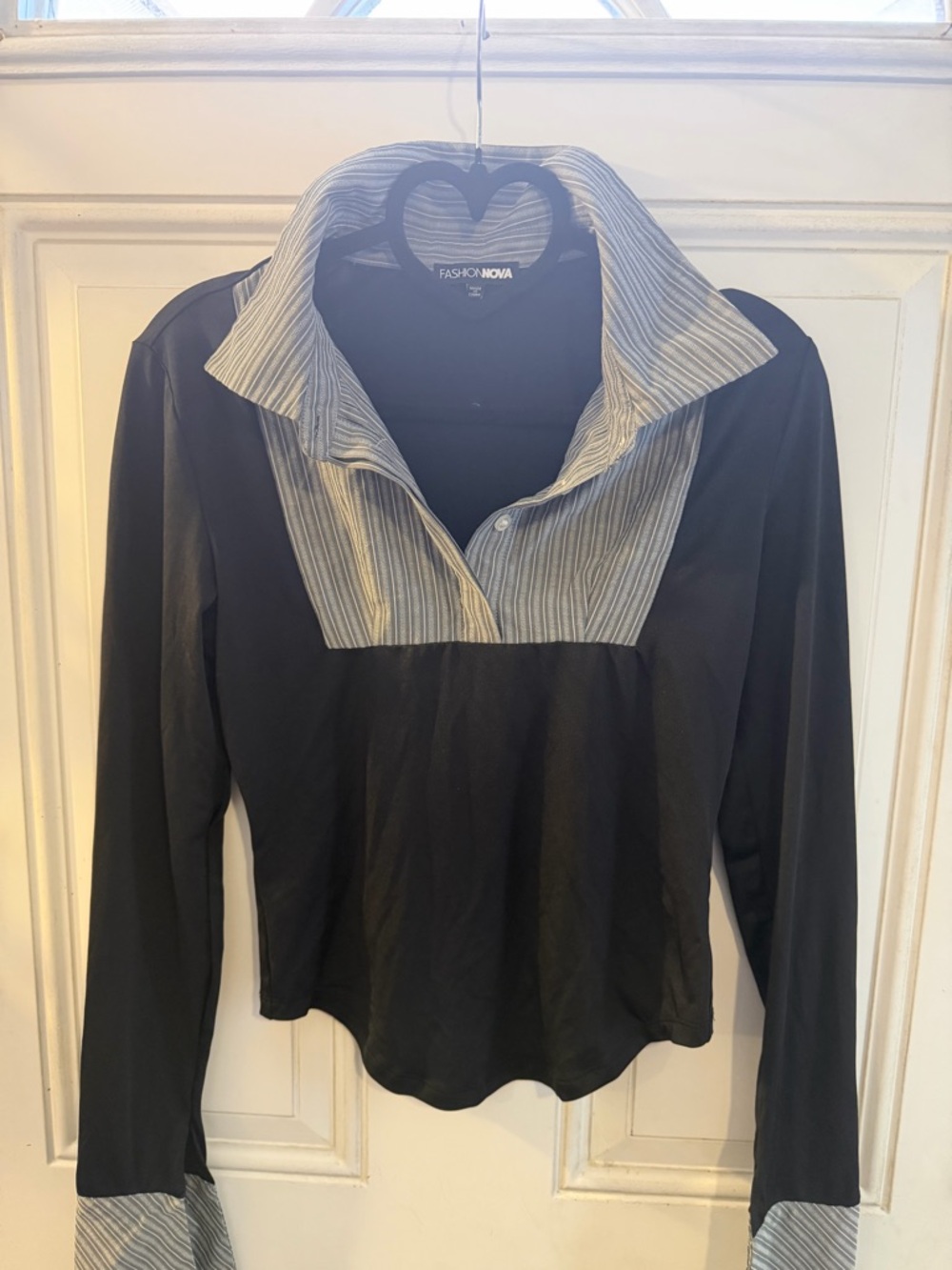 Fashion Nova Black Top with Striped Collar and Cuffs